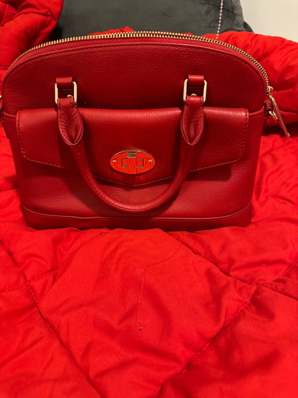 Talbots genuine pebbled leather Red Dome Satchel with Turn-Lock Detail